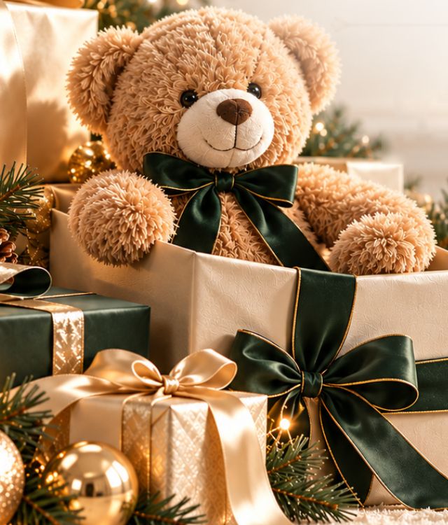 A teddy bear with a green velvet bow in a gift box